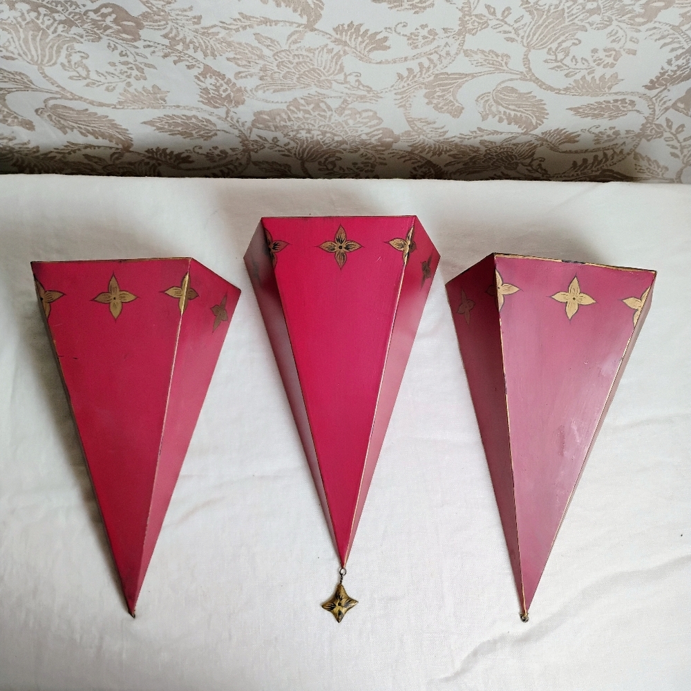 Set of 3 Red Wall Sconces – Metal Decorative Cones with Gold Accents